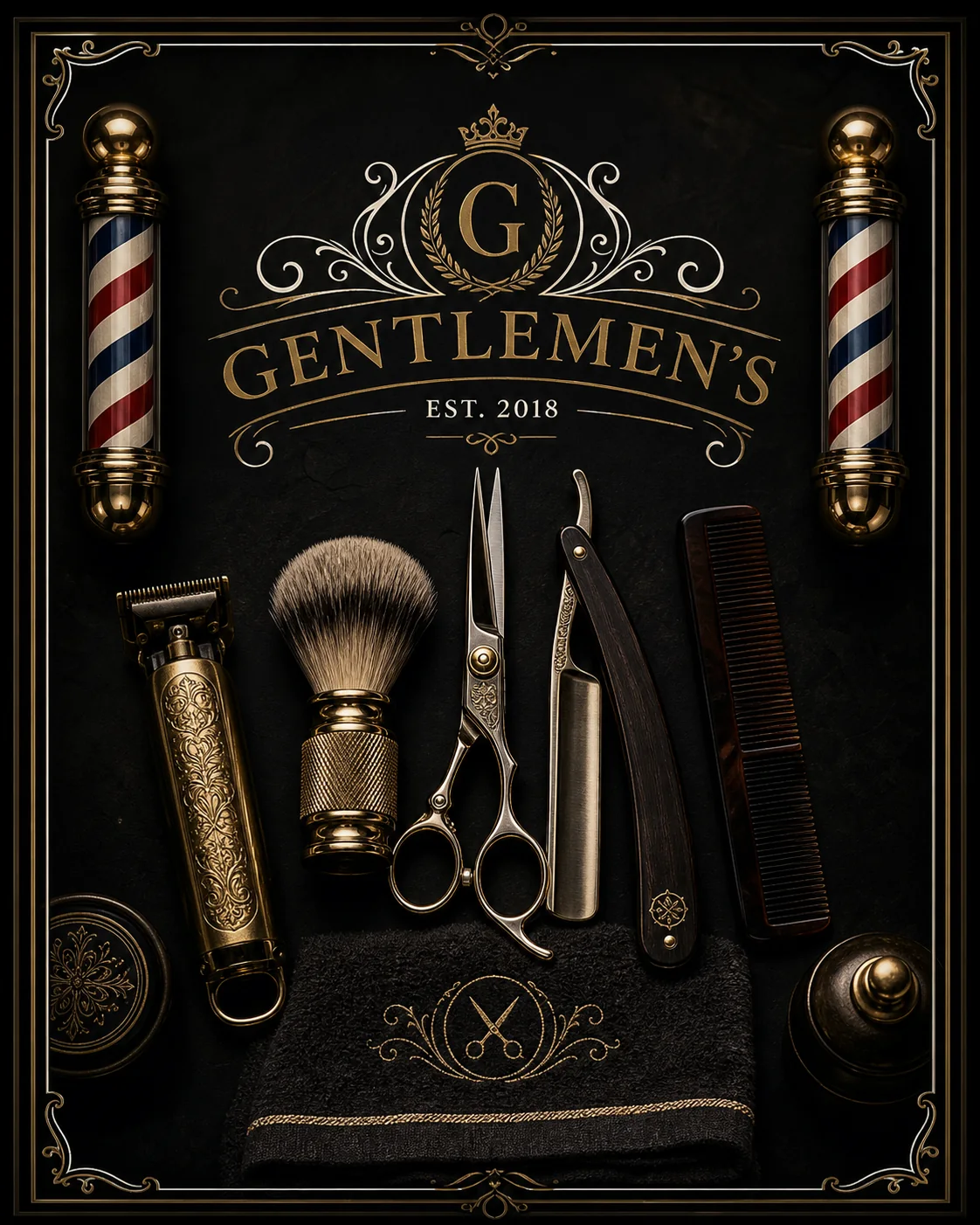 Gentlemen's Barbershop luxury barber tools with antique gold branding